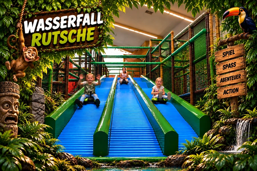 Die 12 Meter lange Wasserfall Rutsche mit Schlitten